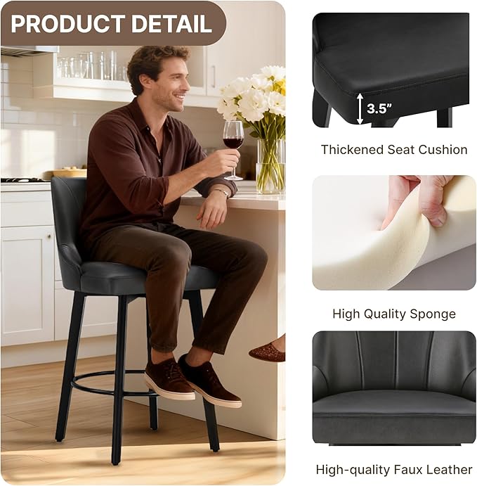 24" Counter Height Bar Stools Set of 2, Swivel Bar Stools with Backs, Faux Leather Upholstered Counter Barstools with Solid Wood Legs for Kitchen Island,Black