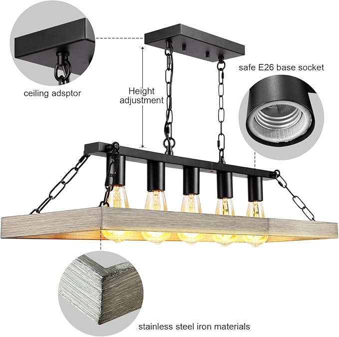 Rustic Farmhouse Chandelier for Dining Room, 31.5" Linear 5-Light Black Metal with Retro Wood Finish, Industrial Hanging Pendant Light Fixture for Kitchen Island Over Table (E26)