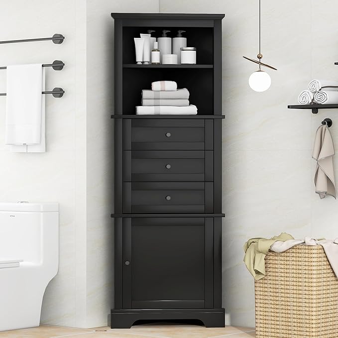 Storage Corner Cabinet with 3 Drawers and Door, Tall Line Pantry Home Space Saver for Bathroom, Living Room, Kitchen, Adjustable Shelf, Black