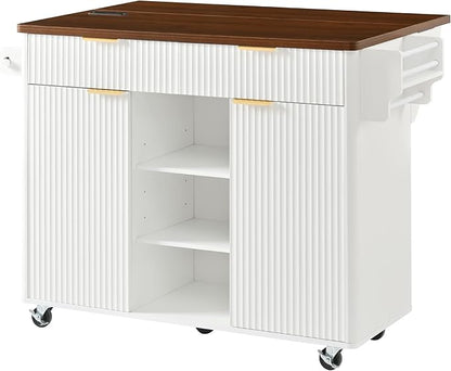 Modern Dining Table 52in Fluted Kitchen Island with Drop, Power Outlet, Cart with Shelves, 2 Doors 2 Drawers, Rolling Table for Kitchen Living Room,White-MDF