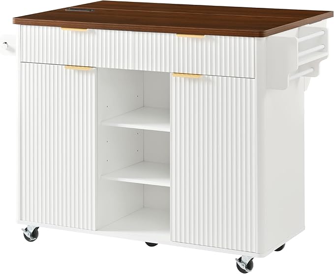 Modern Dining Table Kitchen Island with Drop, Power Outlet, Cart with Shelves, 2 Doors 2 Drawers, Rolling Table for Kitchen Living Room,White-MDF