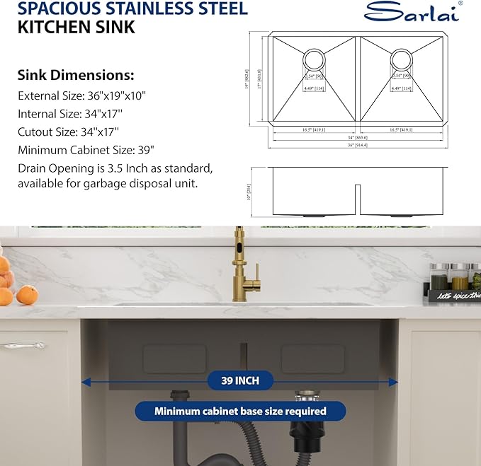Sarlai 36 Inch Gold Undermount Kitchen Sink Double Bowl Large Workstation Sink Low Divided Gold Stainless Steel Sinks 16 Gauge 50/50 Sinks Double Basin