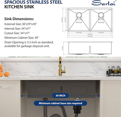 Sarlai 36 Inch Gold Undermount Kitchen Sink Double Bowl Large Workstation Sink Low Divided Gold Stainless Steel Sinks 16 Gauge 50/50 Sinks Double Basin