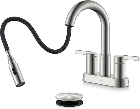 KENES Brushed Nickel Pull Down Bathroom Faucet, 4 Inch 2 Handle Centerset Bathroom Faucet 3 Hole with Pull Out Sprayer, Bathroom Sink Faucet with Pop Up Drain & Supply Lines LJ-9069