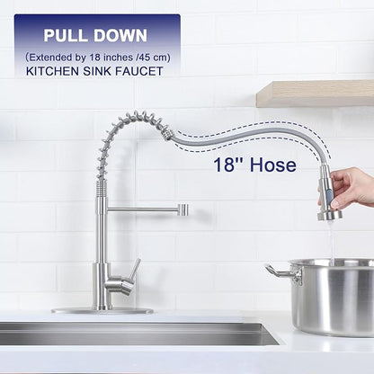 VAPSINT Kitchen Faucet with Pull Down Sprayer, Brushed Nickel Stainless Steel Single Handle Spring Sink Faucet 1 or 3 Hole,Dual Function Kitchen Faucets for Farmhouse Laundry RV Wet Bar, VAP-BY007