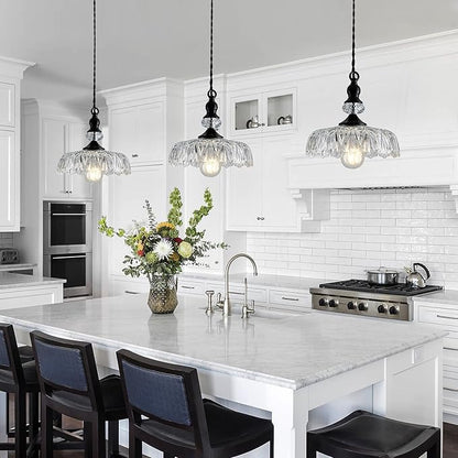 CVKASH Vintage Glass Pendant Light Fixture Black Modern Adjustable Chandelier Hanging Light for Farmhouse Dining Room Kitchen Bedroom Hallway Island