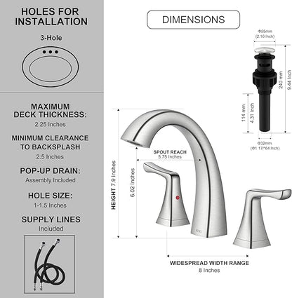 KENES Bathroom Faucets for Sink 3 Hole, Brushed Nickel 2 Handle 8 Inch Widespread Bathroom Faucet, Bathroom Vanity Faucet with Pop Up Drain & Supply Lines, LJ-9075
