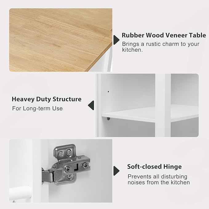 GOWE K&K 47 inch Kitchen Island with Extendable Dining Table, Rubber Wood Veneer Kitchen Table with Internal Storage Rack, Power Outlet, Kitchen Island with Storage 2 Drawers 2 Cabinet,White