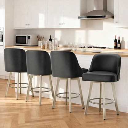 Counter Height Bar Stools Set of 2, Modern Swivel Barstools with Back and Wood Legs, Faux Leather Upholstered Bar Chairs, 26" Seat Height Counter Stools for Kitchen Island,Black