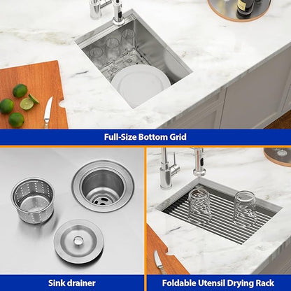14 Undermount Bar Sink Workstation - Dcolora 14 Inch Stainless Steel Bar Prep Sink with Ledge Round Corner X Grooves Wood Cutting Board 16 Gauge Single Bowl RV Camper Kitchen Sink Basin
