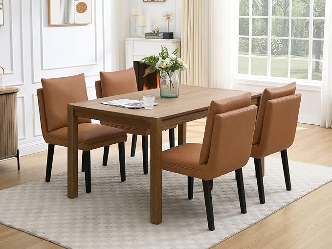Farmhouse Parsons Dining Chairs Set of 4 - Comfy Upholstered Dining Set with Leather Cushion & Solid Wood Legs, Armless Kitchen Chairs for Dining Room/Restaurant/Kitchen Island, PU Brown