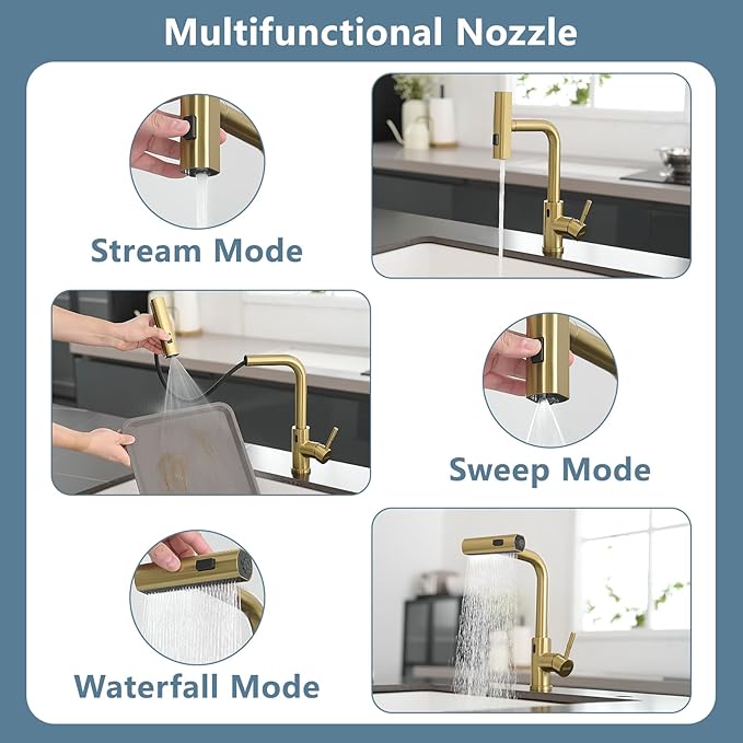 GIMILI Gold Touchless Kitchen Faucet with Pull Down Sprayer, 15” Hight Single Hole Handle Kitchen Sink Faucets