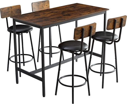 VIRITURE 5 Piece High Top Table Set Kitchen Bar Table and Bar stools Set for 4, Island Dining Table and Tall barstools,Counter Height Pub Small Table Set, Industrial, Rustic Brown (5PCS)