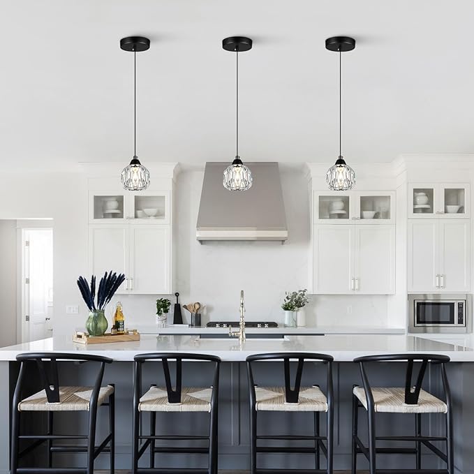 Weesalife Crystal Chandeliers for Dining Room Lights Fixture Over Table, 3 Pack Black Modern Pendant Light Fixture，Crystal Pendant Lighting for Kitchen Island Bathroom Bar