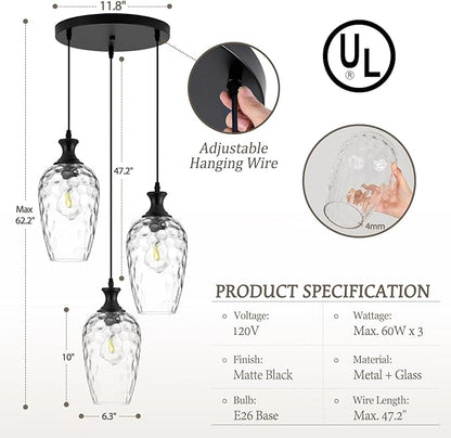 3-Light Pendant Lighting, Black Dining Room Chandelier Light Fixture Over Table with Hammered Glass, Modern Cluster Hanging Lights for Kitchen Island Sink, E26