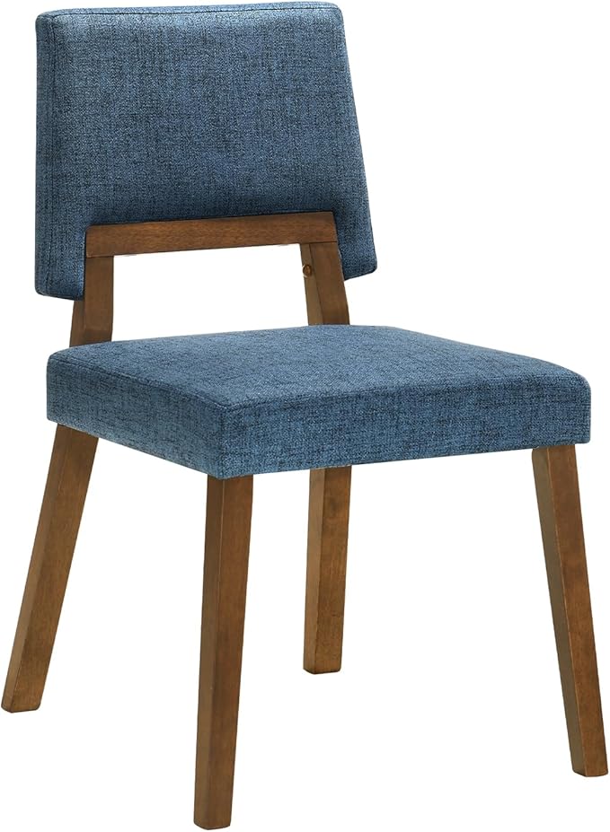 Armen Living Channell Wood Dining Chair in Walnut Finish with Blue Fabric - Set of 2