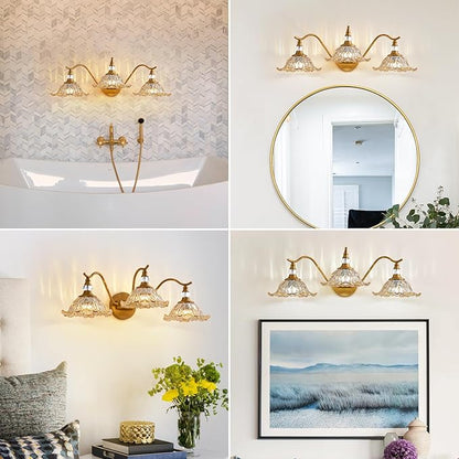 Vintage Bathroom Vanity Light Fixtures - 3 Light Antique Brass Bathroom Lights Fixture Over Mirror with Amber Flower Glass,Retro Brushed Gold Bronze Wall-Mounted Vanity Lighting for Powder Room