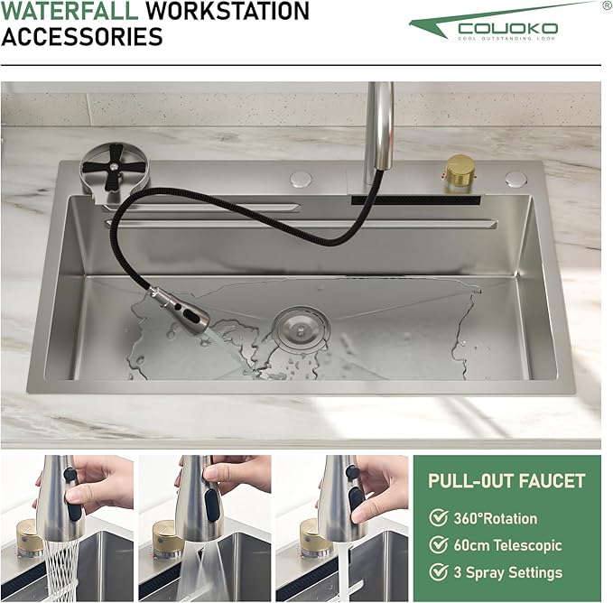 33 Inch Drop In Waterfall Kitchen Sink Workstation Smart 16 Gauge Stainless Steel Single Bowl Waterfall Sinks with Waterfall Faucet Combo and Cup Washer Set