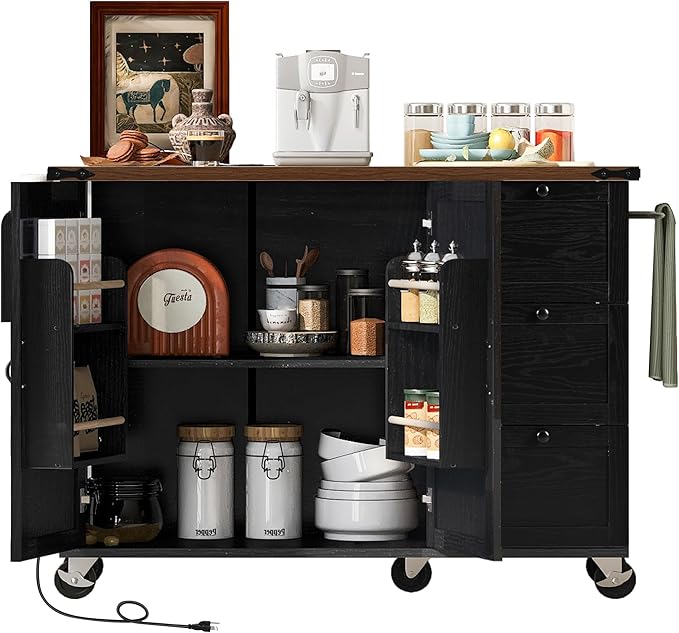 54" Farmhouse Kitchen Island with Power Outlet and Drop Leaf, Rolling Kitchen Cart on Wheels with Spice Rack & Towel Holder, Mobile Storage Island with Internal Storage Rack