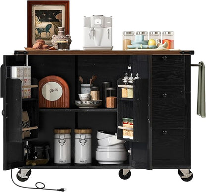 54" Farmhouse Kitchen Island with Power Outlet and Drop Leaf, Rolling Kitchen Cart on Wheels with Spice Rack & Towel Holder, Mobile Storage Island with Internal Storage Rack