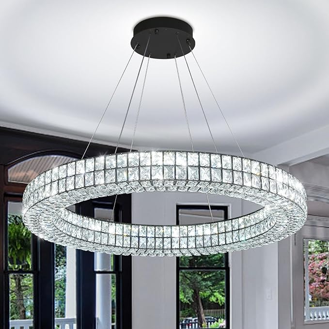 Modern Led Ring Chandeliers Dimmable Crystal Chandelier for Living Room Dining Room Ring Pendant Light Adjustable 24 inch Black
