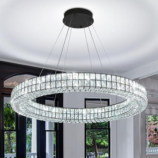 Modern Led Ring Chandeliers Dimmable Crystal Chandelier for Living Room Dining Room Ring Pendant Light Adjustable 24 inch Black