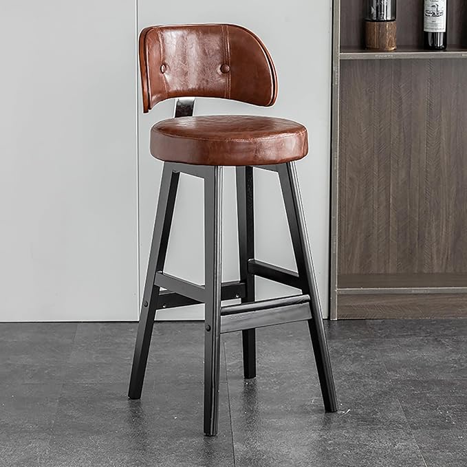 Set of 2/4 Counter Height Stools, 33" Upholstered Faux Leather with Back and Solid Wood Legs, Mid Century Chair for Kitchen Island Dining Room,Brown-Set of 2