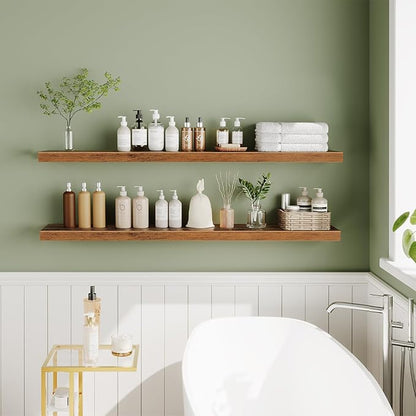 HOOBRO Floating Shelves for Wall, Wall Mounted Shelf Set of 2, 55" Hanging Shelf with Invisible Brackets, for Wall in Bathroom, Bedroom, Toilet, Kitchen, Living Room, Office, Rustic Brown BF140BJP201