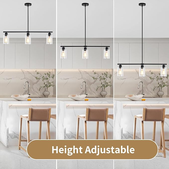 Kitchen Island Lighting, 3 light Black Farmhouse Pendant Lights Kitchen Island with Glass Shades, Island Chandelier Dining Room Lighting Fixtures Adjustable Height, Modern Kitchen Table Light Fixture