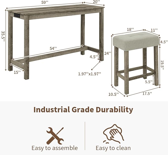 LKTART Kitchen Bar Table and Chairs Set, 4 Piece Bar Height Dining Table Set with Power Outlet and 3 Upholstered Stools Industrial Breakfast Nook, Small Space Living Room, Brown