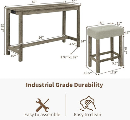 LKTART Kitchen Bar Table and Chairs Set, 4 Piece Bar Height Dining Table Set with Power Outlet and 3 Upholstered Stools Industrial Breakfast Nook, Small Space Living Room, Brown