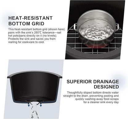 Mocoloo 18 Inch Round Bar Sink Undermount - Black Granite Composite Quartz Prep Sinks Small Kitchen Sink for Island or RV