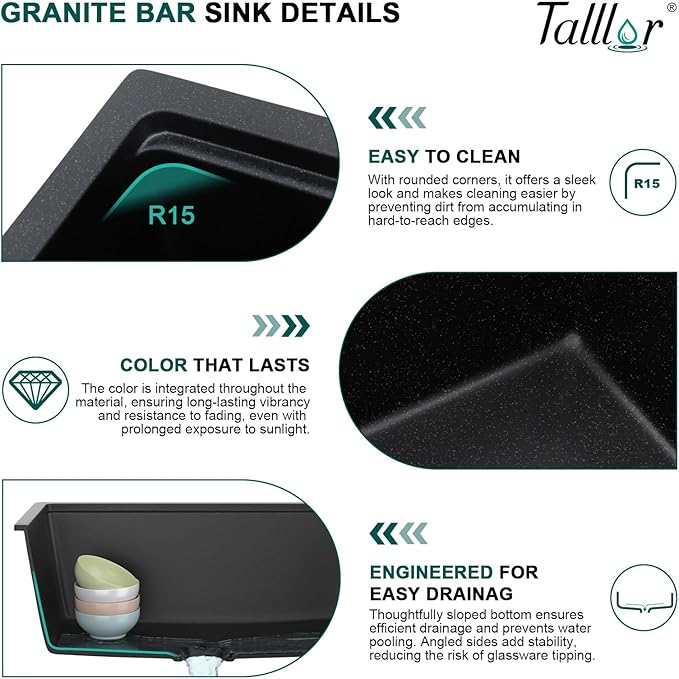 18 Undermount Bar Sink Workstation - 18"x18" Matte Black Granite Composite Quartz Classic Single Bowl Under Counter Small Prep Rv Kitchen Sink #TLGU-130
