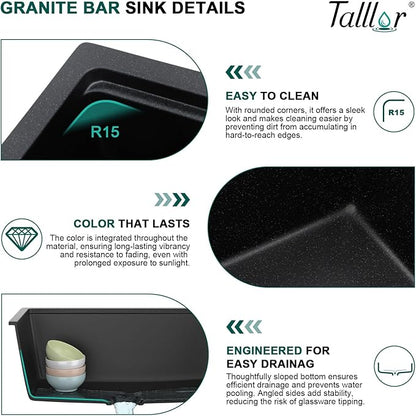 18 Undermount Bar Sink Workstation - 18"x18" Matte Black Granite Composite Quartz Classic Single Bowl Under Counter Small Prep Rv Kitchen Sink #TLGU-130