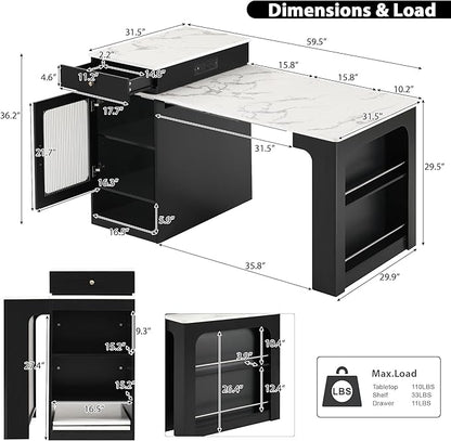 Kitchen Island with Extendable Table, Extendable Wood Kitchen Storage Cabinet with 2 Drawers and Open Shelves, Foldable Storage Table with Power Outlet, Black