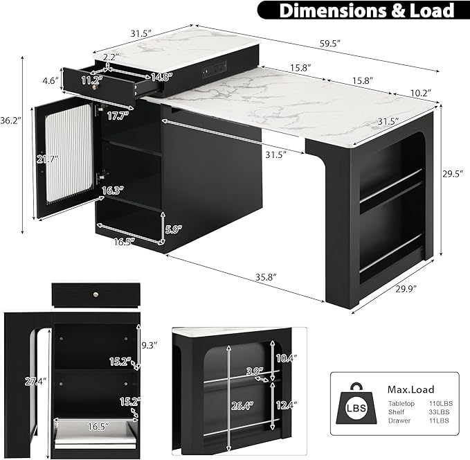 Domesto 59.5" Kitchen Island with Extendable Dining Table,Kitchen Storage Table with Double-Sided Storage, Kitchens Island with 2 Drawers, Power Outlet, Side Open Shelves (Black)