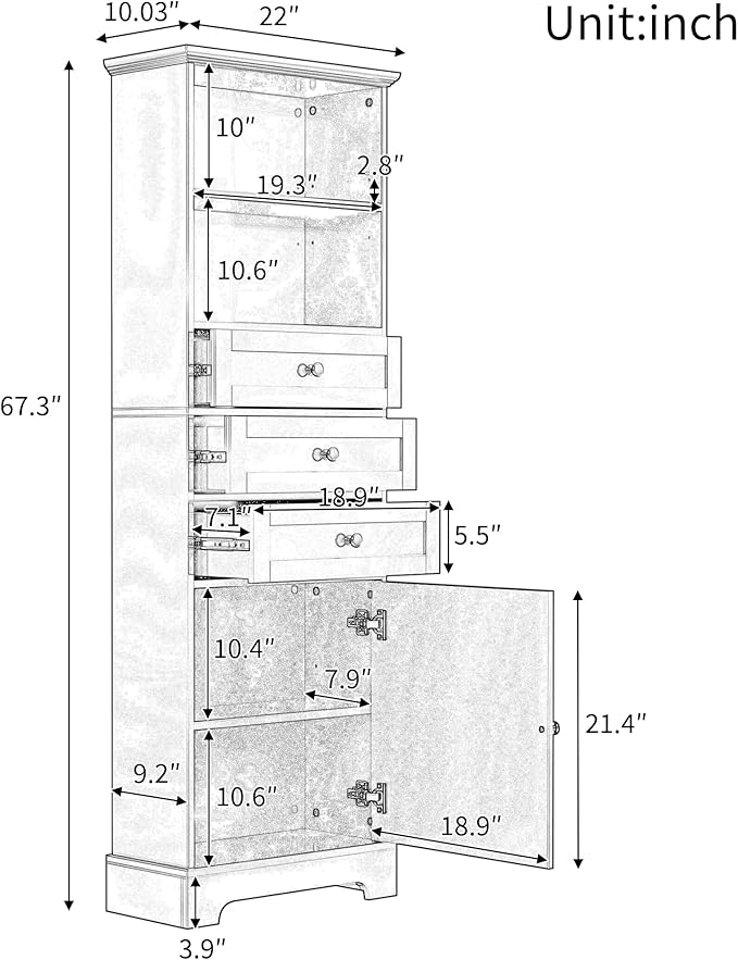 67" H Storage Cabinet with Drawers and Door, Tall Bookshelf Space Saver for Bathroom or Kitchen, Adjustable Shelf, White