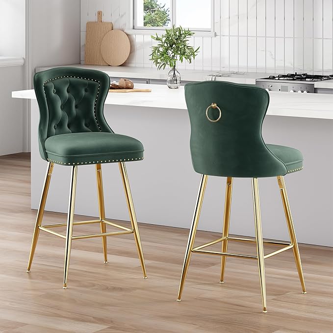 Bar Stools Set of 2, Velvet Counter Height Bar Stools with Metal Legs, Button Tufted and Nailheads Trim, Wing Back Bar Chairs for Kitchen Island Dining Room Pub, Green