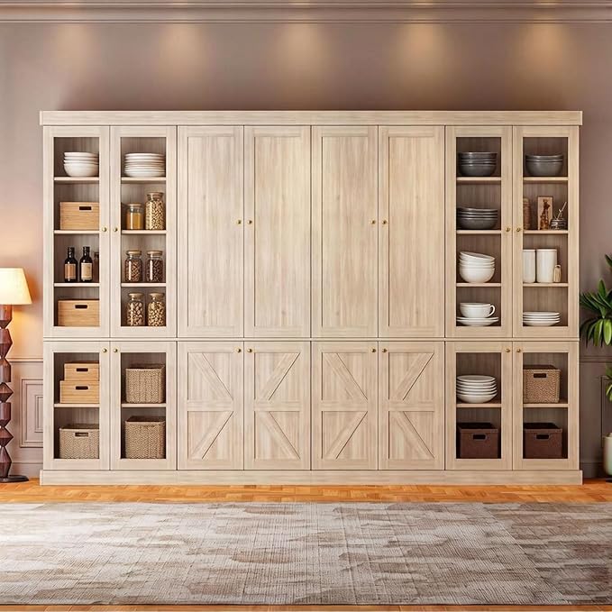 70.8" Tall Farmhouse Kitchen Pantry Cabinet with Glass Doors, Modular Storage Cabinet with 6-Tier Adjustable Shelves, Large Storage Cabinet for Kitchen or Living Room, Set of 4, Brown