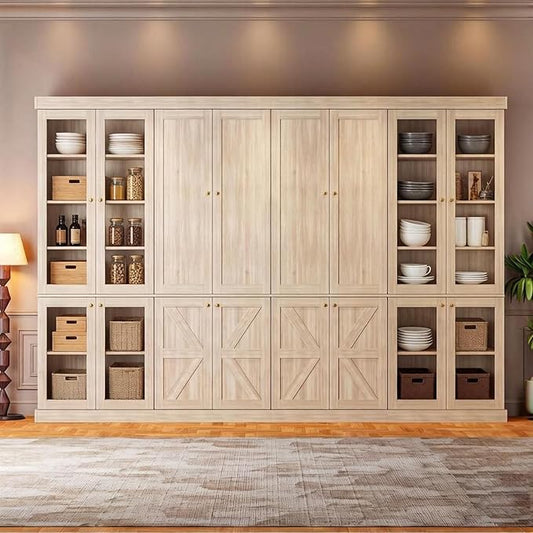 70.8" Tall Farmhouse Kitchen Pantry Cabinet with Glass Doors, Modular Storage Cabinet with 6-Tier Adjustable Shelves, Large Storage Cabinet for Kitchen or Living Room, Set of 4, Brown