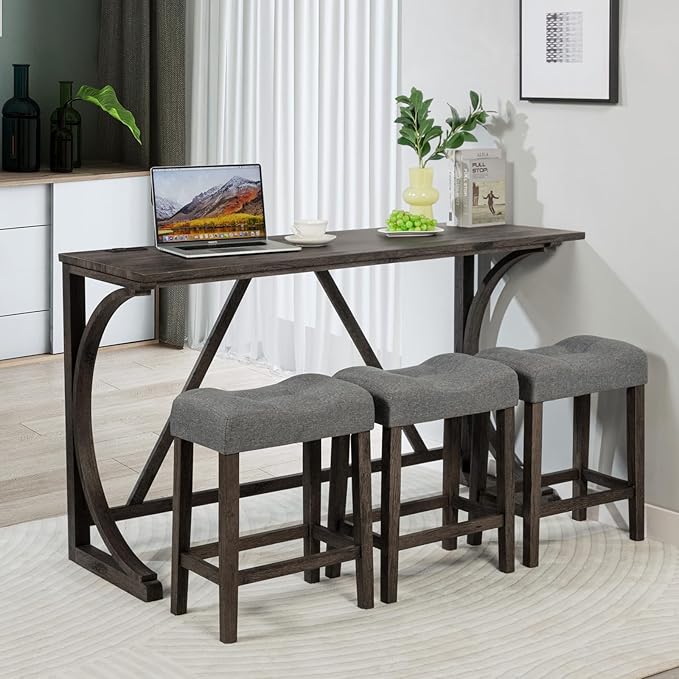 LKTART 4 Piece Kitchen Table Set, Counter Height Bar Table Set with Socket and 3 Padded Stools Industrial Breakfast Nook Table Set for Living Room, Dining Room,Small Space, Dark Gray