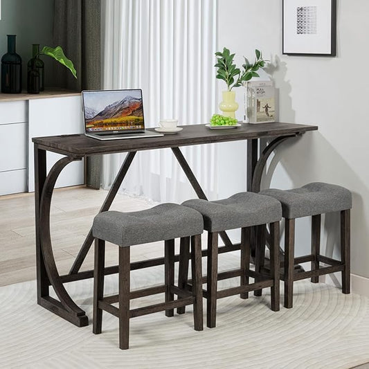 LKTART 4 Piece Kitchen Table Set, Counter Height Bar Table Set with Socket and 3 Padded Stools Industrial Breakfast Nook Table Set for Living Room, Dining Room,Small Space, Dark Gray