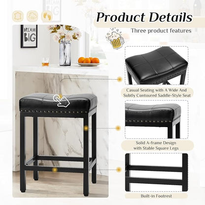 Sweetcrispy Bar Stools Set of 2, 24 Inch Counter Height Stools, PU Leather Upholstered Bar Chairs with Footrest, Modern Bar Stools for Kitchen Island, Dining, Living Room, Modern Black