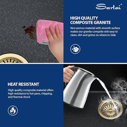 Sarlai 32 Granite Composite Kitchen Sink - 32"x19" Black Undermount Kitchen Sink Ledge Workstation Matte Black Granite Quartz Composite Under-Mount Single Bowl Sinks Basin with Gold Accessories