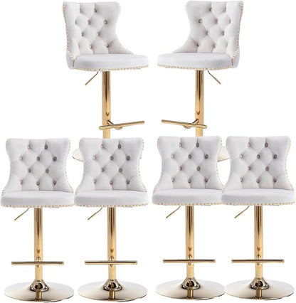 Rhomtree Velvet Swivel Bar Stools Upholstered Bar Stool with Button Tufted Back and Pull Ring Height Adjustable Barstools 25-33 Inch for Home Pub and Kitchen Island (Beige with Gold Base, Set of 6)