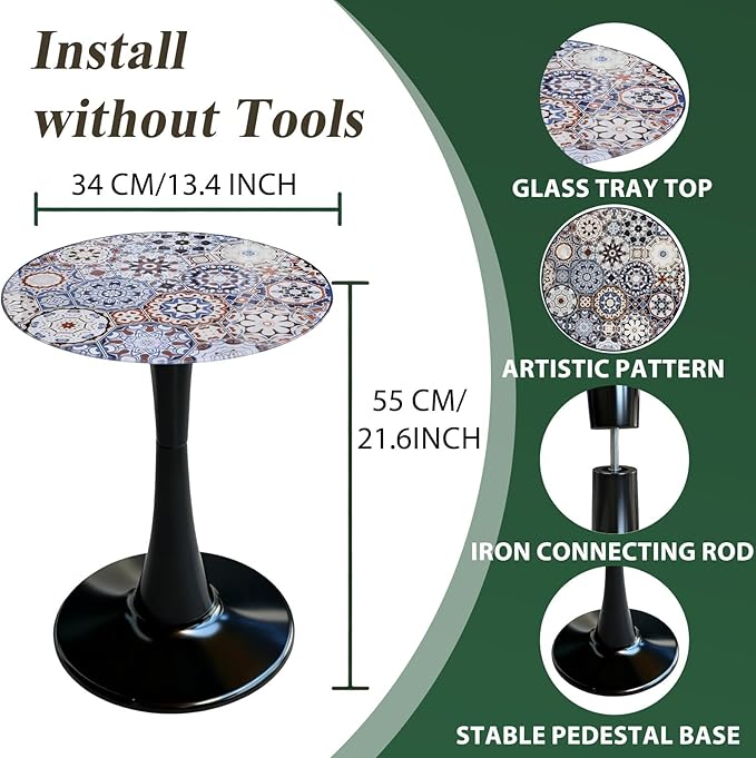 Simmer Stone 13.4" Outdoor Side Table, Round Patio Bistro Table Printed Tempered Glass Top, Waterproof Rust-Proof Base, Small Plant Stand for Balcony, Garden, Deck, 21.6" H (Bohemia)