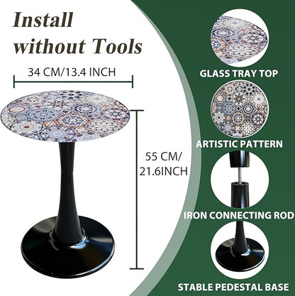 Simmer Stone 13.4" Outdoor Side Table, Round Patio Bistro Table Printed Tempered Glass Top, Waterproof Rust-Proof Base, Small Plant Stand for Balcony, Garden, Deck, 21.6" H (Bohemia)