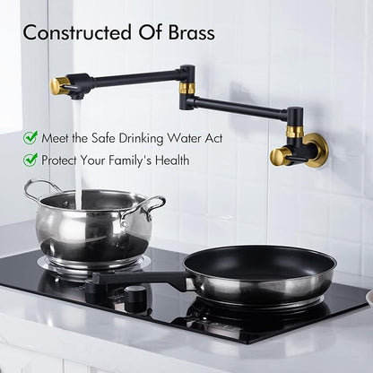 BAGNOLUX Pot Filler Faucet Over Stove, Traditional Pot Filler Wall Mount Commercial Solid Brass Kitchen Faucet, Pot Filler Folding Faucet with Double Joint Swing Arm 23.4 inch, Black and Gold