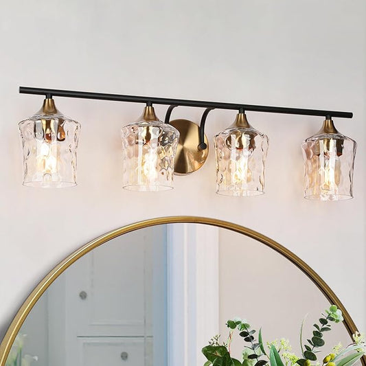 KSANA 28" Large Bathroom Vanity Lights, 4 Light Mid-Century Modern Vanity Light with Textured Glass Shade Black and Electroplated Brass Bathroom Light Fixtures for Hallway, Entryway