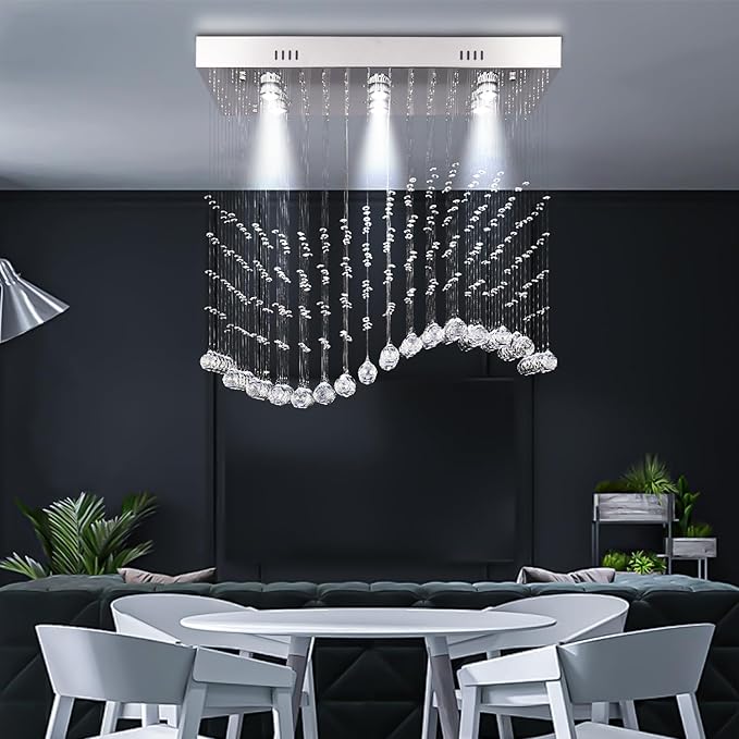 Finktonglan Linear Crystal Chandelier for Kitchen Island, 31.5'' Rectangular K9 Crystal Island Chandelier, 6-Light GU10 Height Adjustable Modern Dining Room Ceiling Light